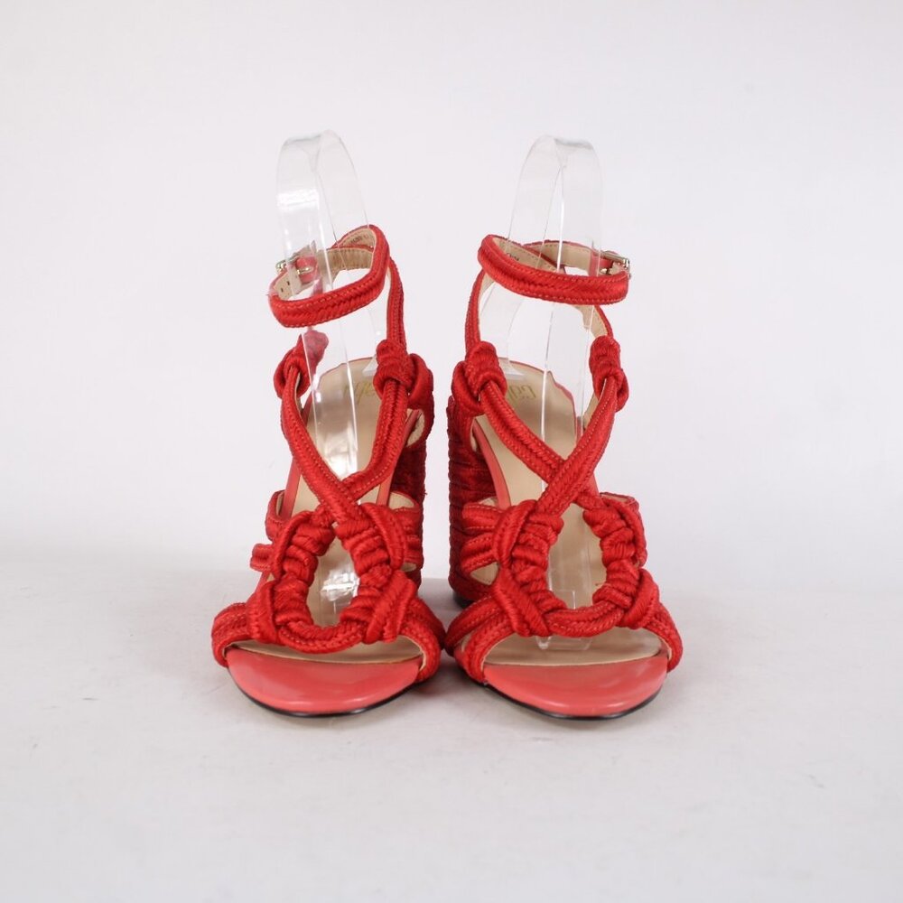 Cabi Heels Tip Toe Sz 7 M Hibiscus Red Knotted Rope Detail Polyester 4" Heels - Picture 4 of 15